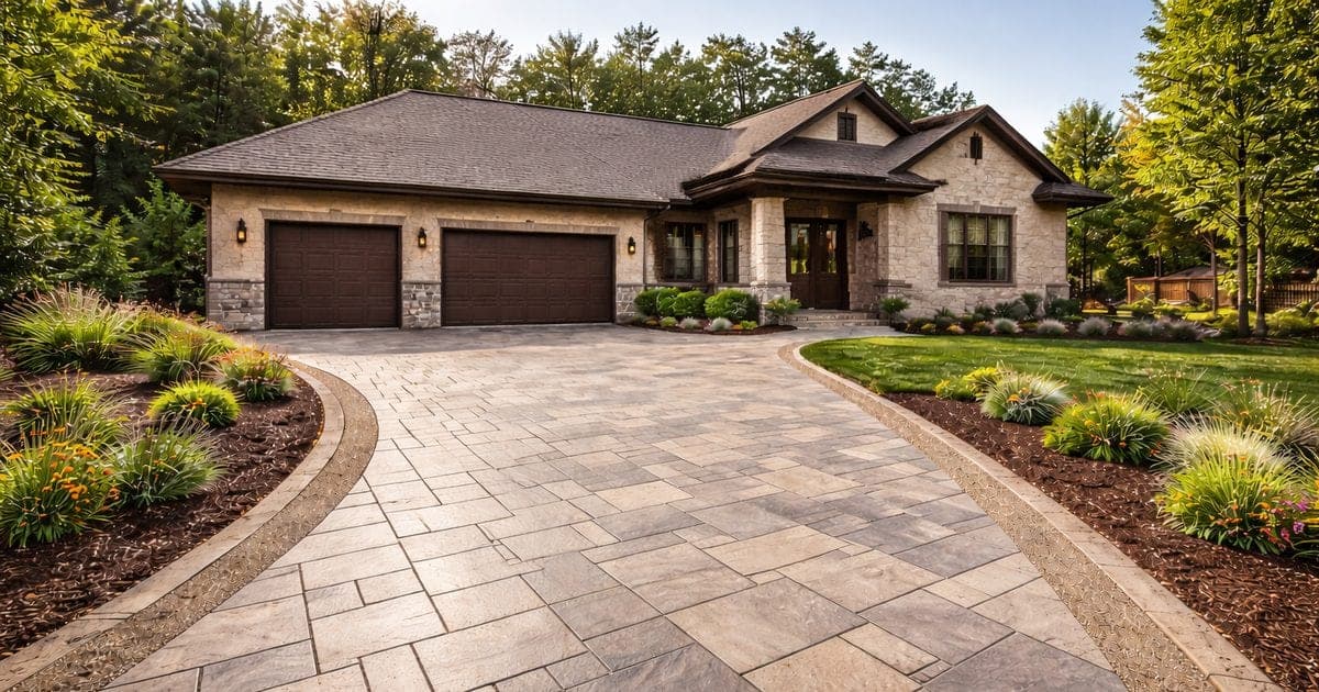 Wide stamped concrete driveway leading to a three-car garage at an estate home